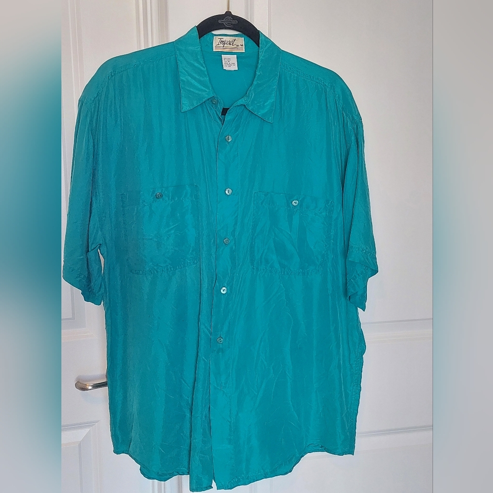 Vintage Impact Teal Silk Blouse Button Down Shirt Short Sleeve 100% Silk Size M